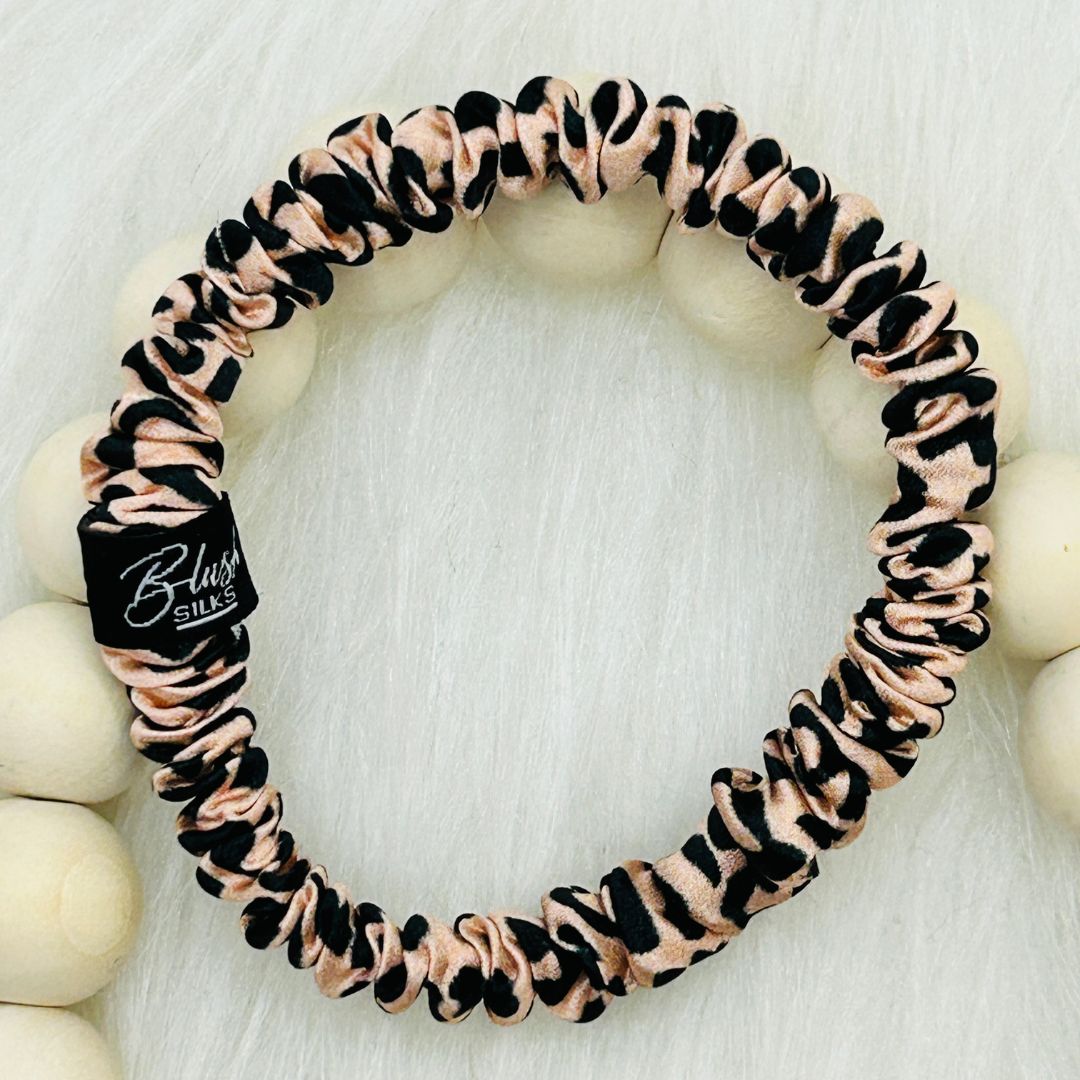 Blush Silks Mini Pure Silk Scrunchie - Pink Leopard