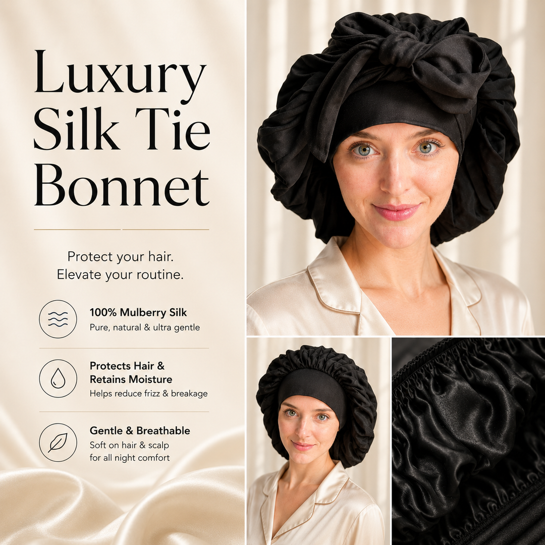 Luxury black mulberry silk tie bonnet for hair protection and overnight hair care by Blush Silks