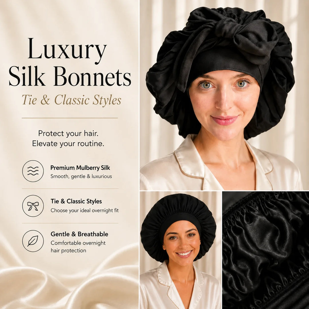 Luxury mulberry silk sleep bonnets collection featuring tie and classic bonnet styles by Blush Silks