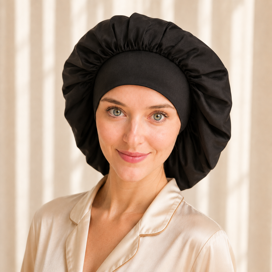 Onyx Black Silk Tie Sleep Bonnet - 100% Mulberry Silk - Blush Silks Canada