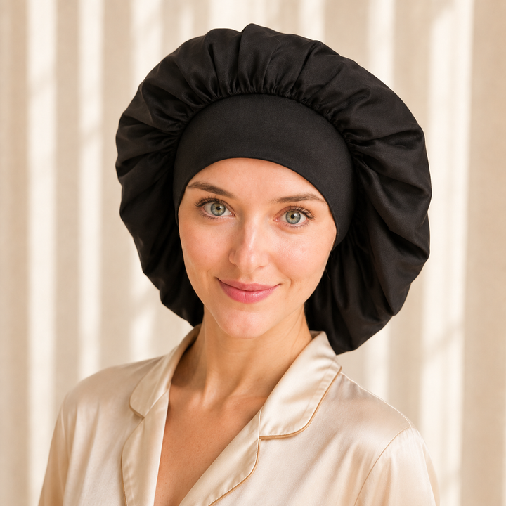 Onyx Black Silk Tie Sleep Bonnet - 100% Mulberry Silk - Blush Silks Canada
