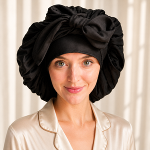 Premium Grade 6A black mulberry silk tie bonnet by Blush Silks