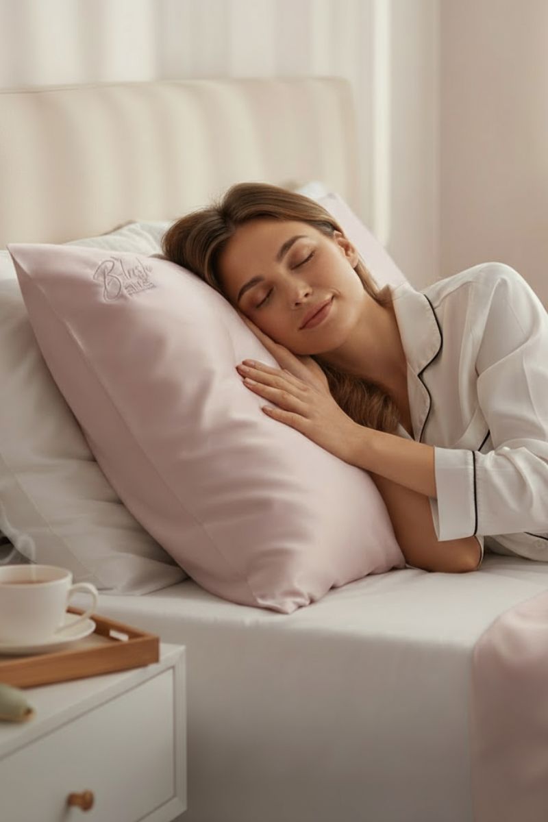 Woman sleeping on a Blush Silks blush pink mulberry silk pillowcase for hair and skin health