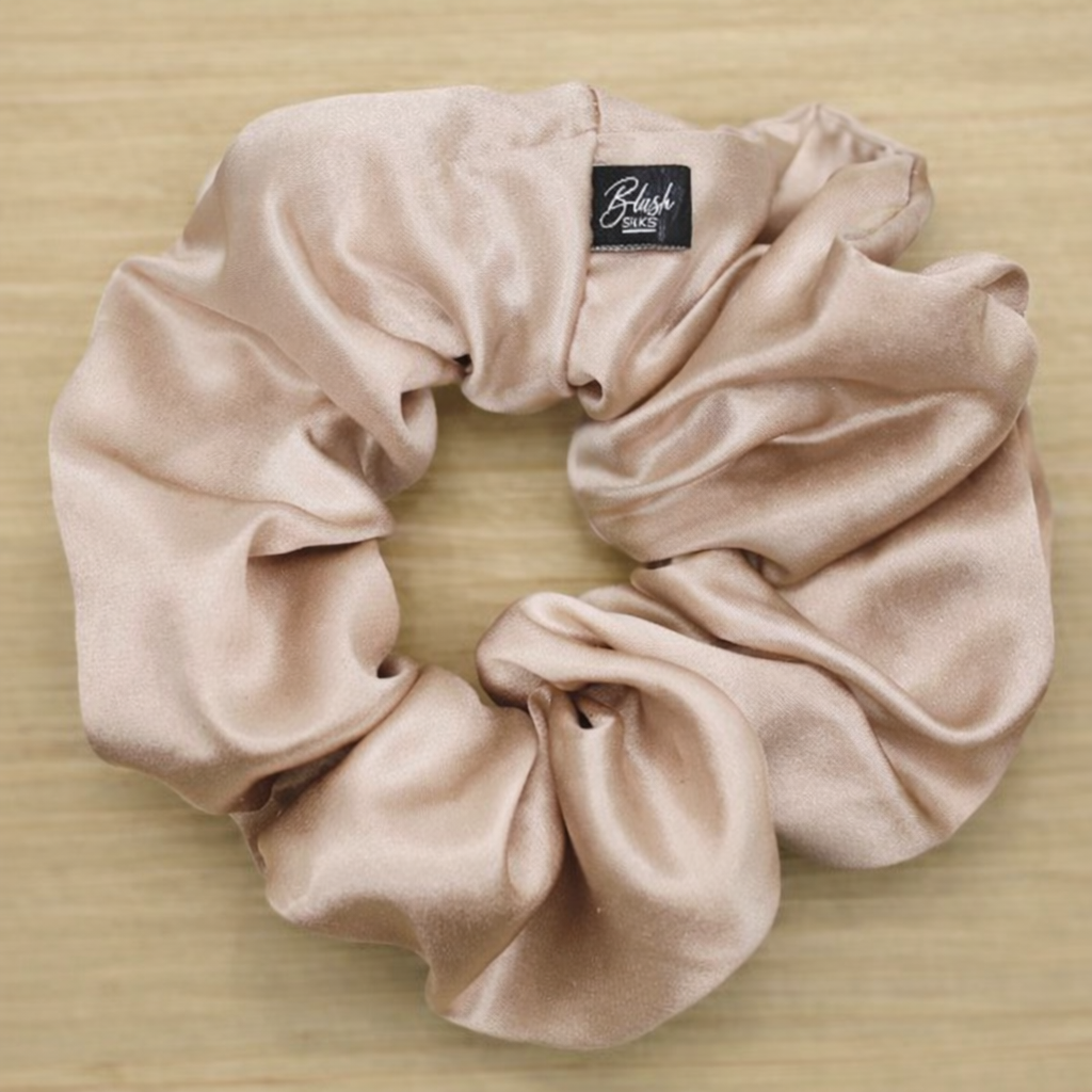 Champagne gold classic silk scrunchie made of 100% pure Mulberry silk for hair health.