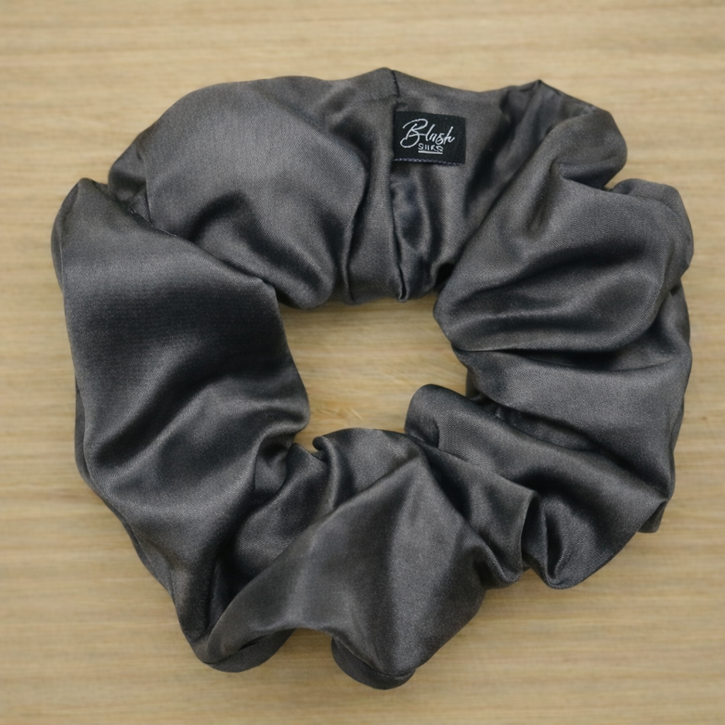 Dark charcoal grey classic silk scrunchie 22-momme Mulberry silk from Blush Silks Canada.
