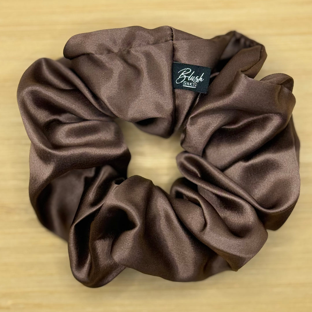 Rich chocolate brown classic silk scrunchie 100% Mulberry silk for thick hair by Blush Silks Canada.