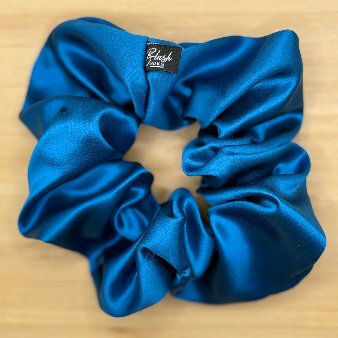 Royal cobalt blue classic silk scrunchie made of 100% pure Mulberry silk for hair health.