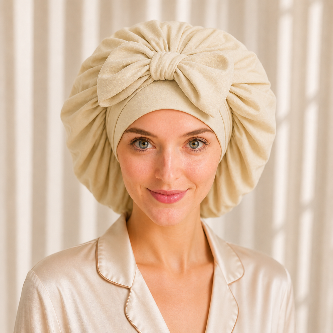 Woman wearing beige mulberry silk sleep bonnet by Blush Silks for overnight hair protection