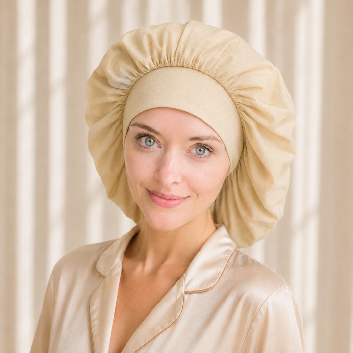 Woman wearing beige mulberry silk sleep bonnet by Blush Silks for overnight hair protection