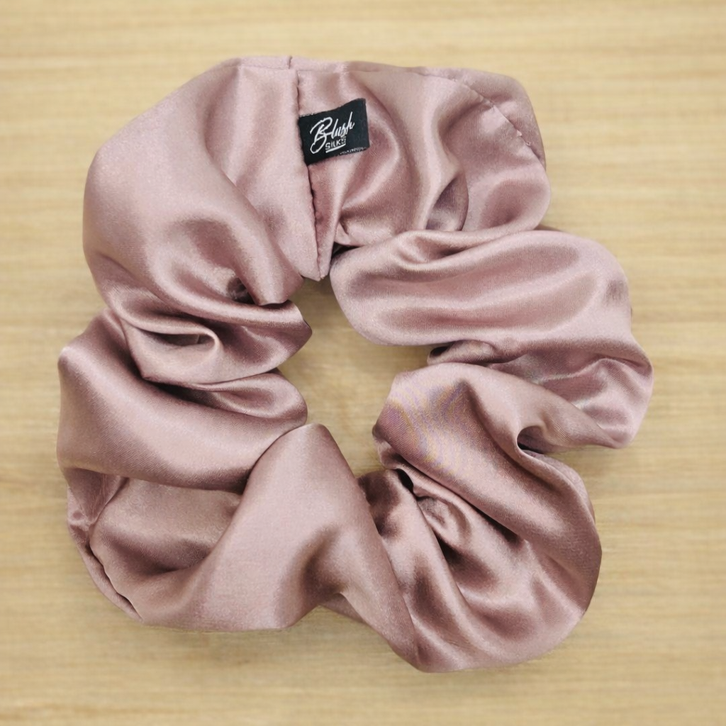 Lotus dusty rose classic silk scrunchie made from Grade 6A Mulberry silk by Blush Silks Canada.