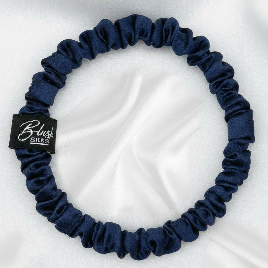 Deep navy blue mini pure mulberry silk scrunchie for a secure, damage-free navy hair accessory.