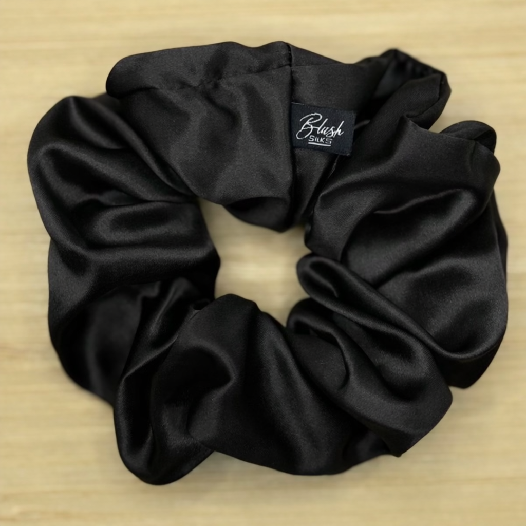  Onyx black classic silk scrunchie 22-momme Mulberry silk hair tie for thick hair.