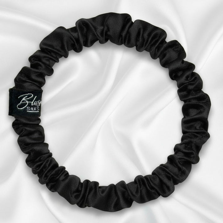 Onyx Black Mini Mulberry Silk Scrunchie - Blush Silks Canada