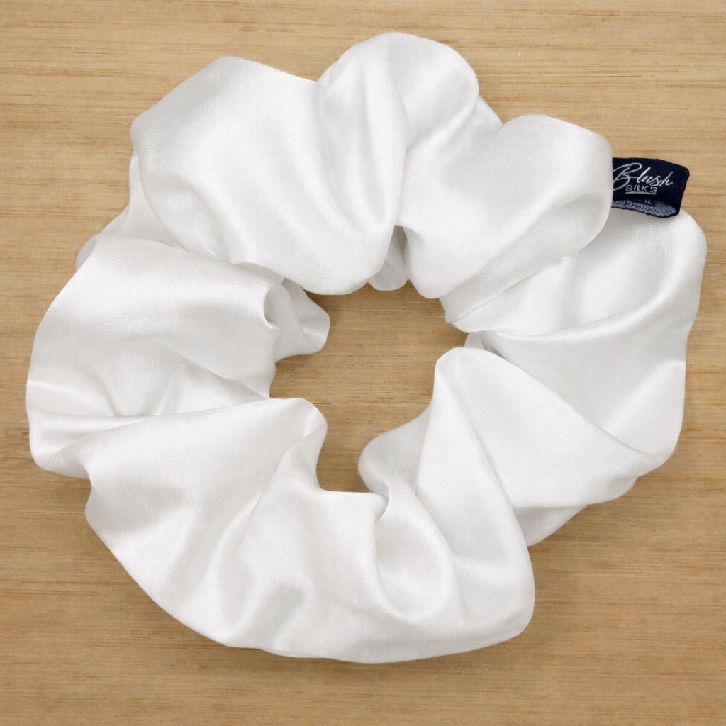Pearl white ivory classic silk scrunchie 100% Mulberry silk for bridal and hair protection.