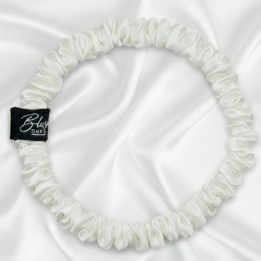 Pearl white mini pure mulberry silk scrunchie for an elegant, damage-free bridal or everyday hairstyle.