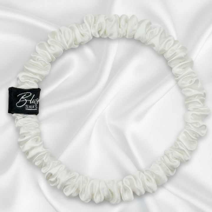Pearl white mini pure mulberry silk scrunchie for an elegant, damage-free bridal or everyday hairstyle.