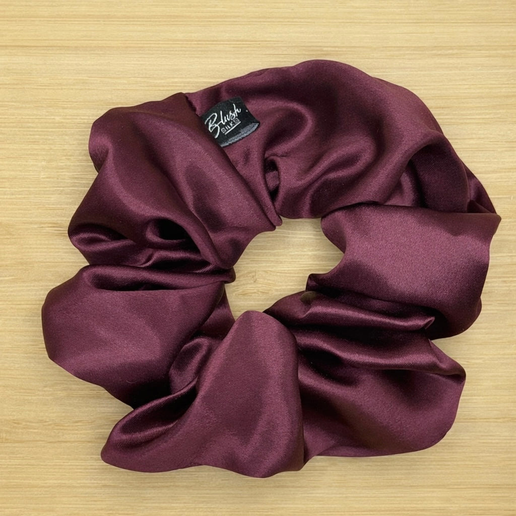 Sangria deep wine red classic silk scrunchie made of 100% Grade 6A Mulberry silk by Blush Silks Canada.