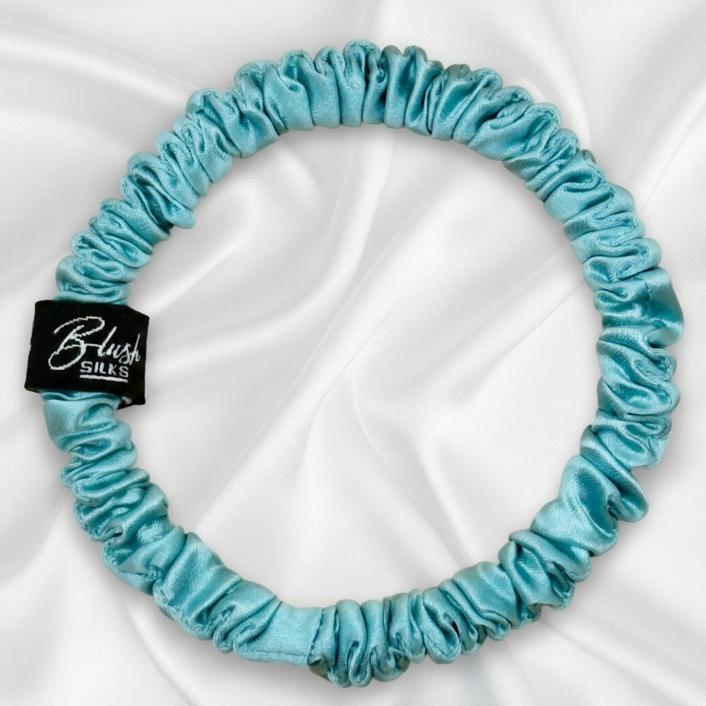 Sea Breeze Blue Black Mini Mulberry Silk Scrunchie - Blush Silks Canada