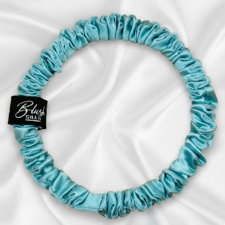 Sea Breeze Blue Black Mini Mulberry Silk Scrunchie - Blush Silks Canada