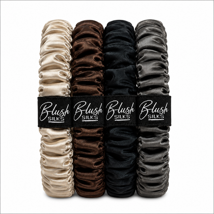 Basics mini mulberry silk scrunchie set in champagne chocolate onyx and charcoal by Blush Silks