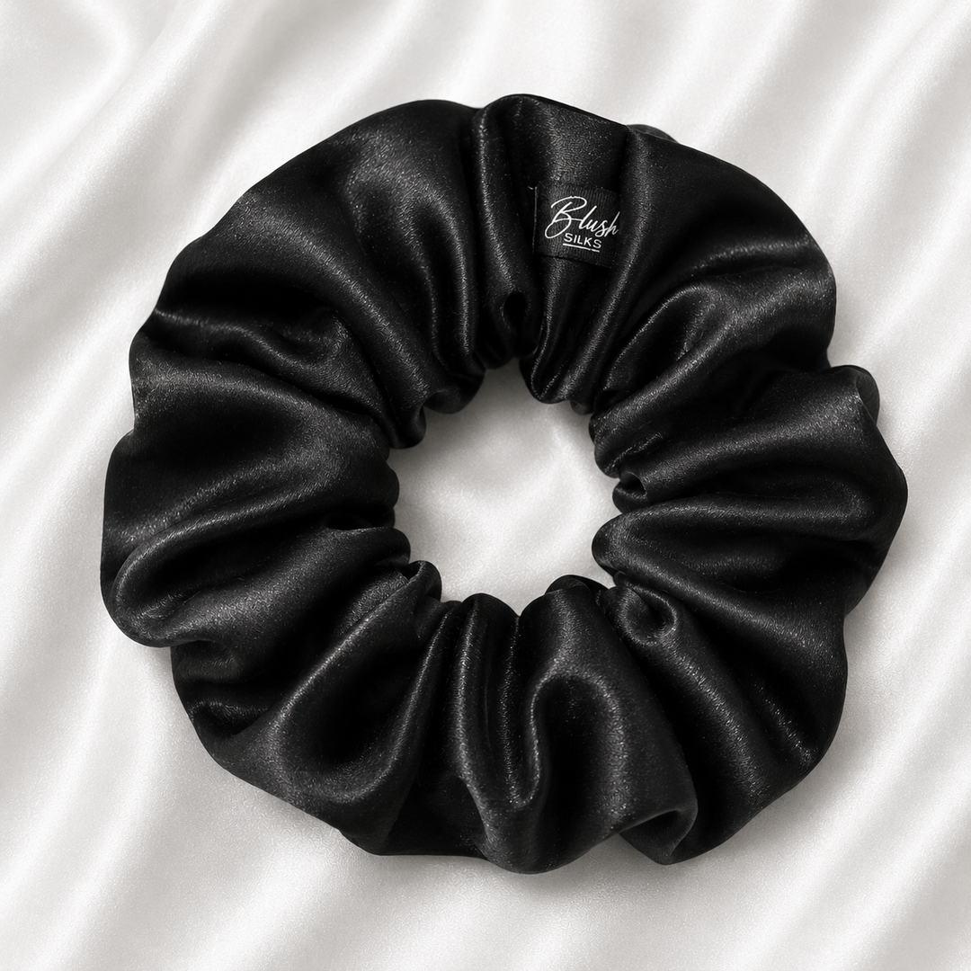 Onyx black 22 momme mulberry silk scrunchie made from 100% Grade 6A silk by Blush Silks