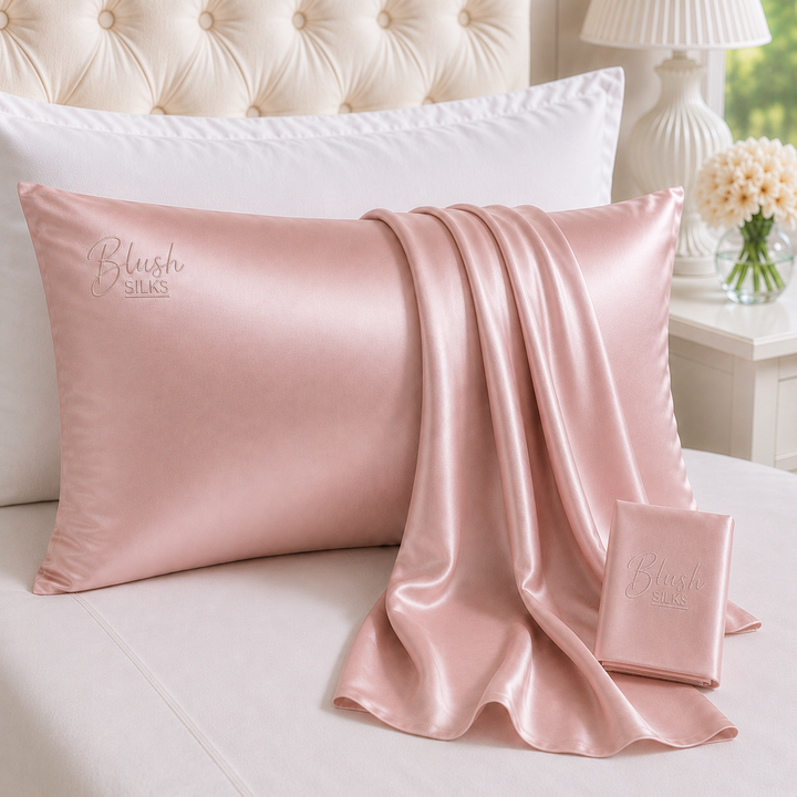 Blush pink 22 Momme Grade 6A charmeuse Mulberry Silk pillowcase with embroidered Blush Silks logo