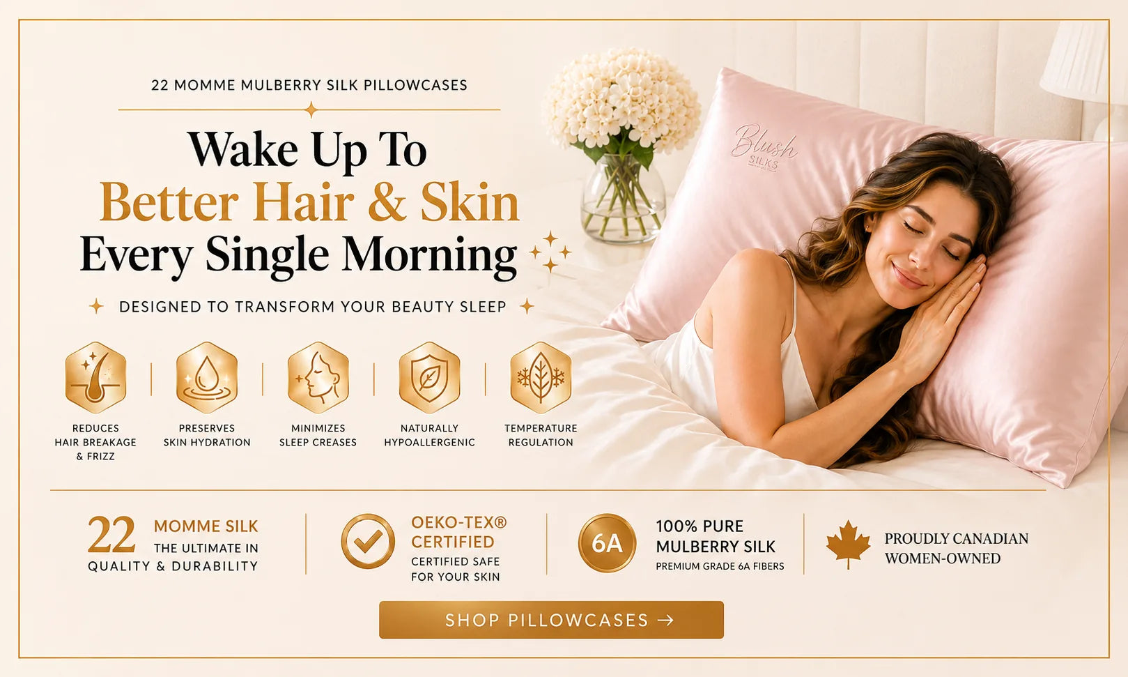 Blush Silks Canada - Luxury blush pink 22 momme mulberry silk pillowcase by Blush Silks with woman sleeping peacefully for healthier hair, hydrated skin, and premium beauty sleep