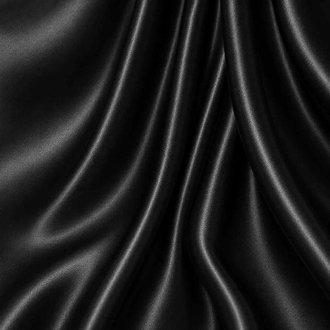 Close-up of Black 22 momme mulberry silk charmeuse featuring elegant cascading folds, a smooth fine weave, rich jet-black colour, and a luxurious natural sheen.