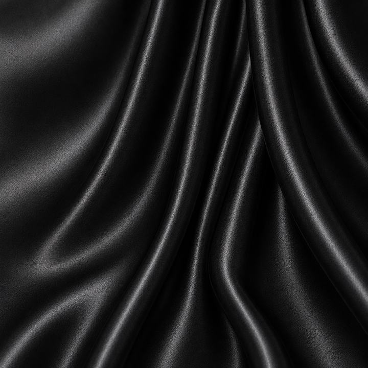Close-up of Black 22 momme mulberry silk charmeuse featuring elegant cascading folds, a smooth fine weave, rich jet-black colour, and a luxurious natural sheen.