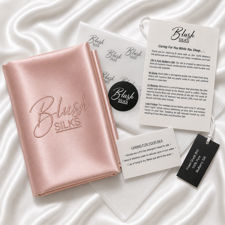Blush Silks 22 Momme Mulberry Silk Pillowcase in Blush Pink with luxury gift packaging