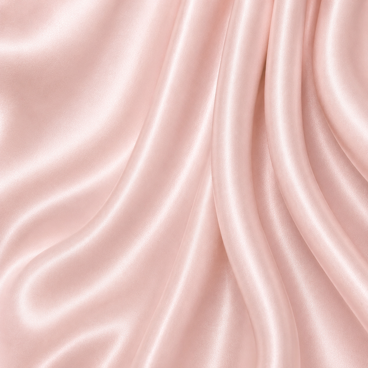 Close-up of Blush 22 momme mulberry silk charmeuse featuring a soft blush-pink hue, graceful flowing folds, a fine woven texture, and a delicate natural sheen.