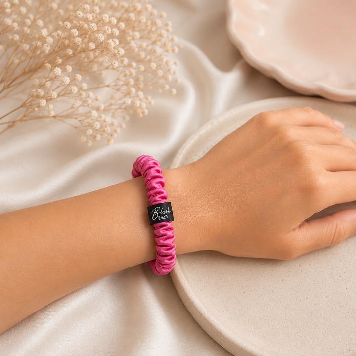 Blush Silks Bubblegum Pink 100% mulberry silk mini scrunchie worn on wrist