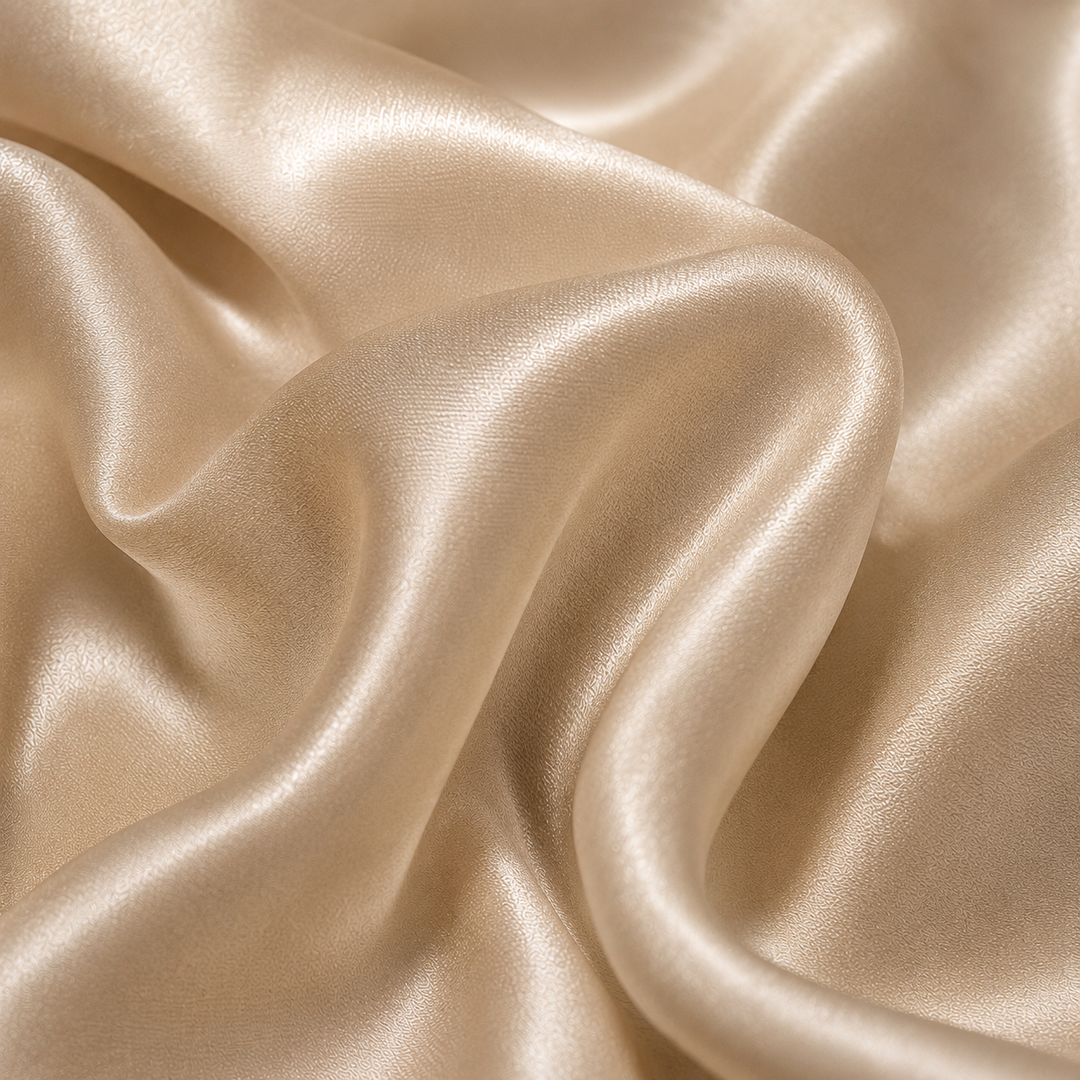 Close-up of Champagne 22 momme mulberry silk charmeuse fabric with elegant flowing folds, a smooth weave, and a soft natural sheen.