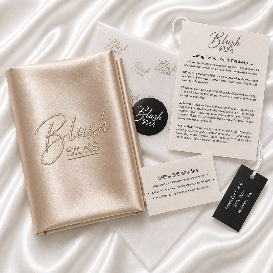Blush Silks 22 Momme Mulberry Silk Pillowcase in Champagne with luxury gift packaging