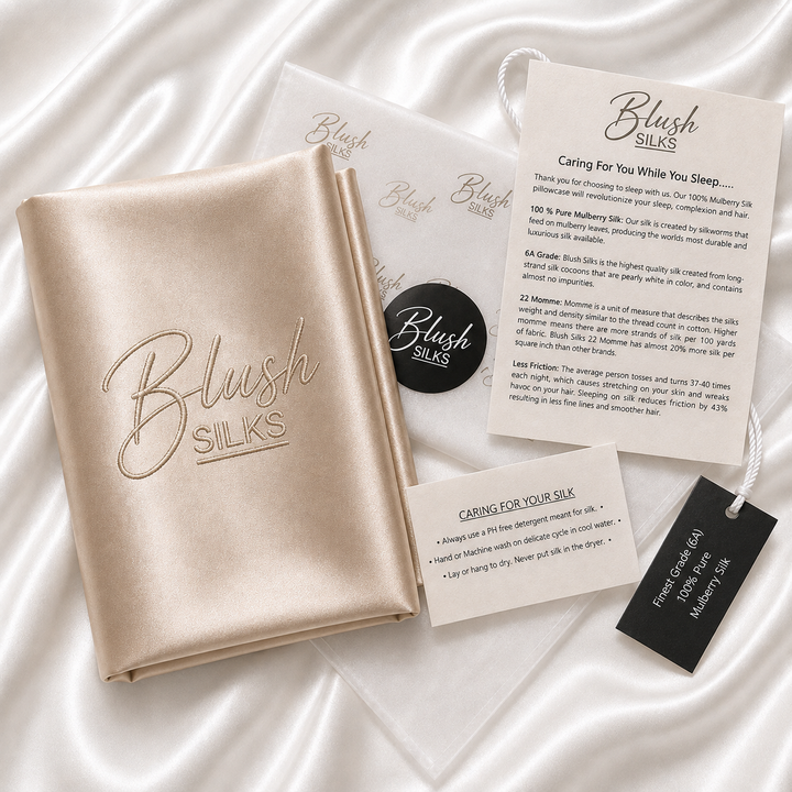 Blush Silks 22 Momme Mulberry Silk Pillowcase in Champagne with luxury gift packaging