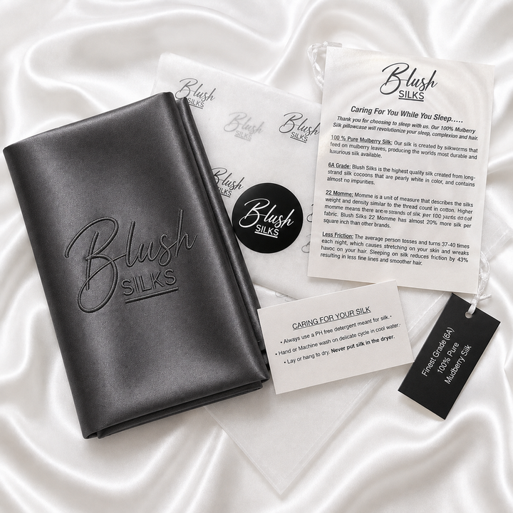 Blush Silks 22 Momme Mulberry Silk Pillowcase in Charcoal Grey with luxury gift packaging