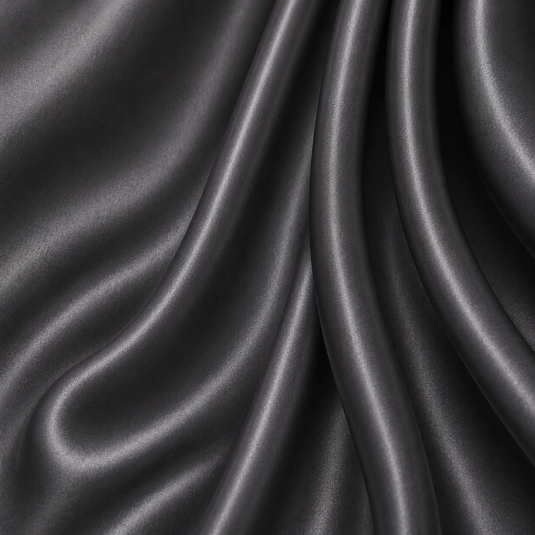 Close-up of Charcoal 22 momme mulberry silk charmeuse featuring deep graphite-grey colour, elegant cascading folds, a fine woven texture, and a soft natural sheen.