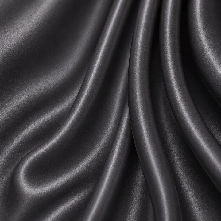 Close-up of Charcoal 22 momme mulberry silk charmeuse featuring deep graphite-grey colour, elegant cascading folds, a fine woven texture, and a soft natural sheen.