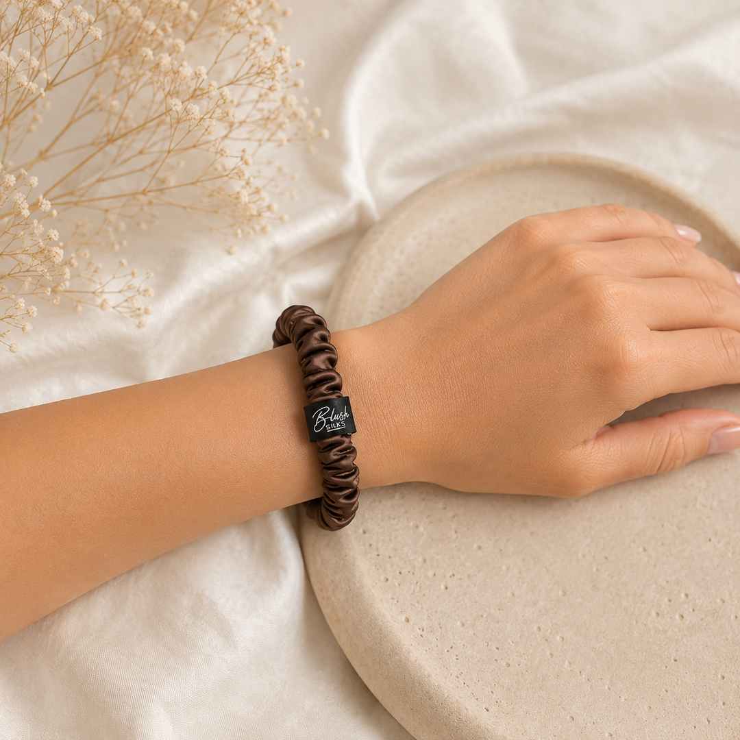 Blush Silks Chocolate  100% mulberry silk mini scrunchie worn on wrist