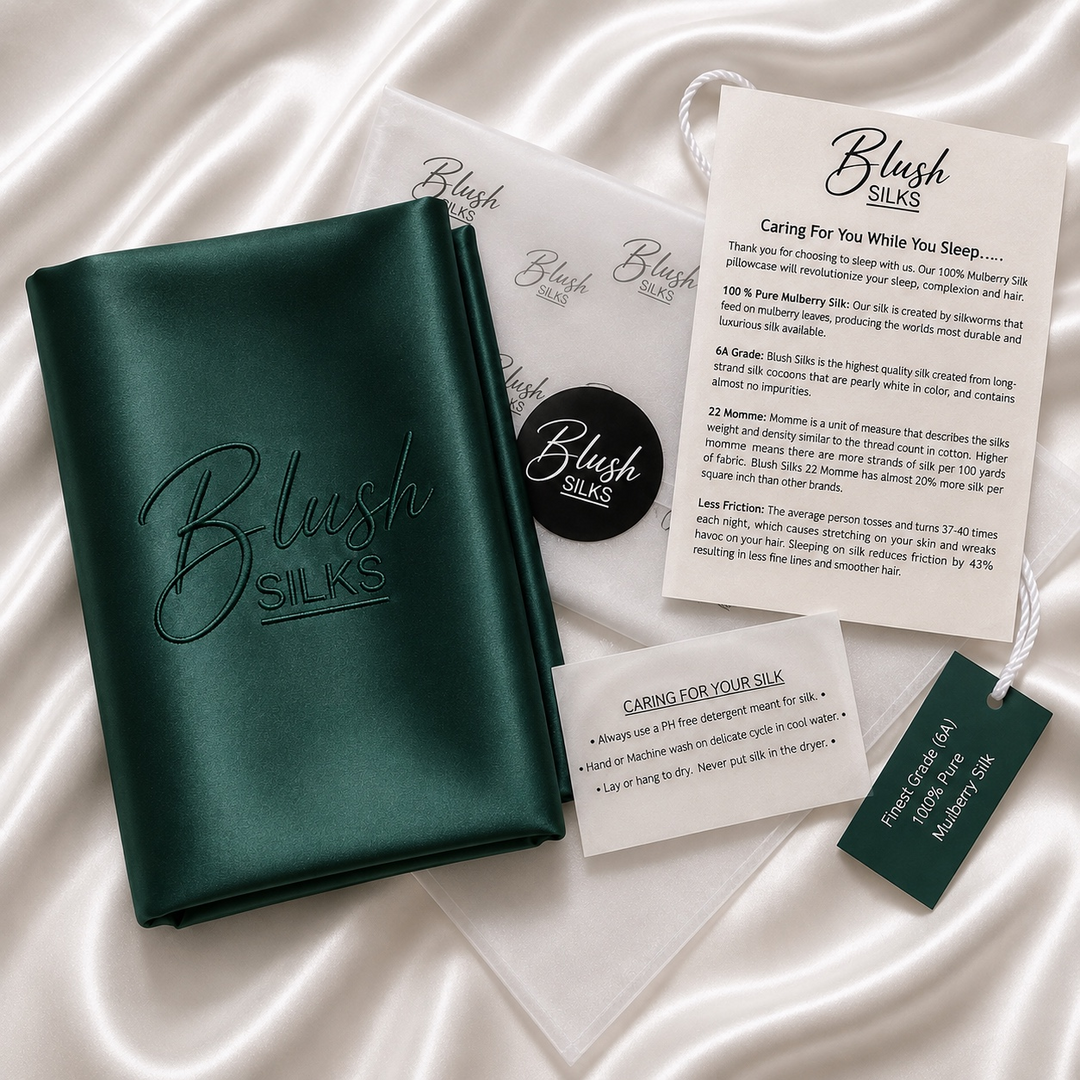 Blush Silks 22 Momme Mulberry Silk Pillowcase in Emerald Green with luxury gift packaging