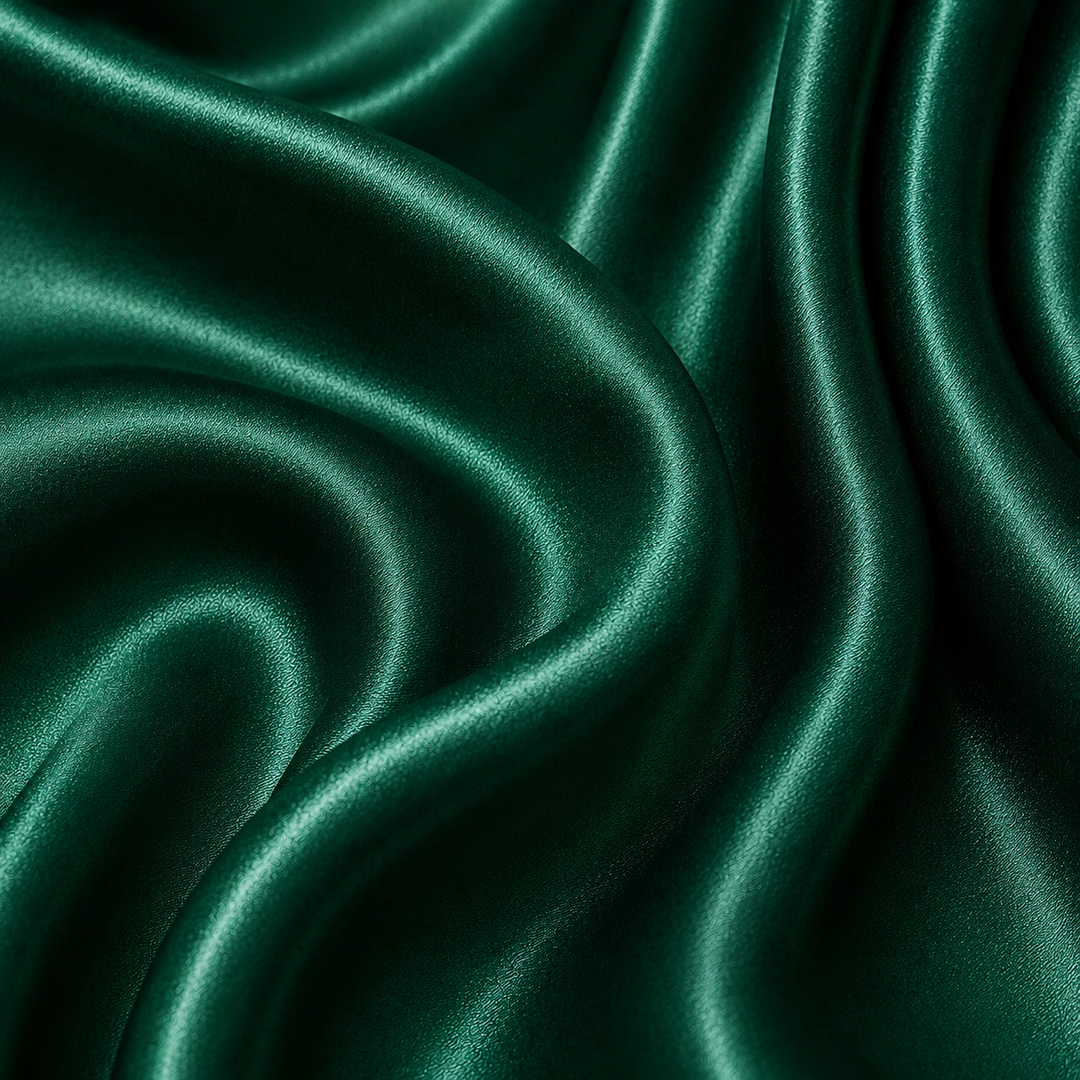 Close-up of Emerald 22 momme mulberry silk charmeuse with rich jewel-green colour, flowing draped folds, a fine woven texture, and a luxurious natural sheen.