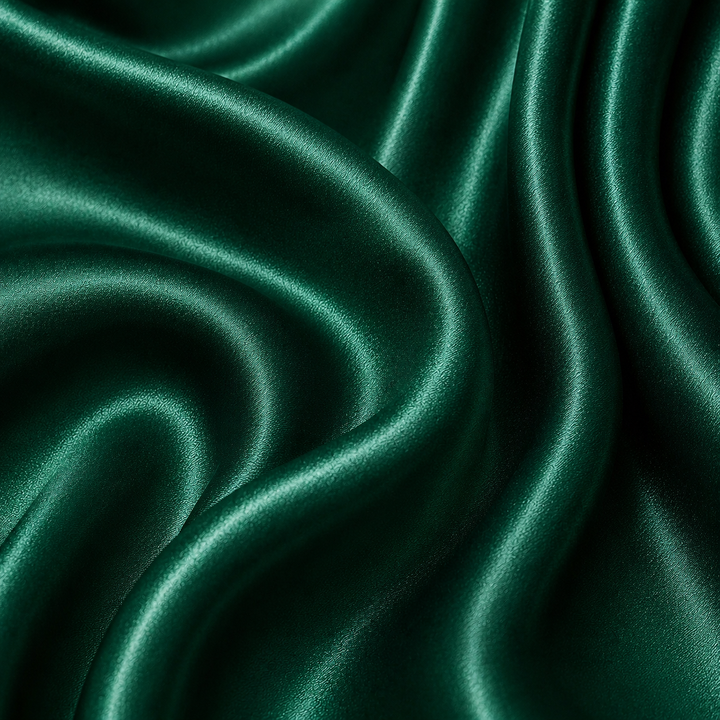 Close-up of Emerald 22 momme mulberry silk charmeuse with rich jewel-green colour, flowing draped folds, a fine woven texture, and a luxurious natural sheen.
