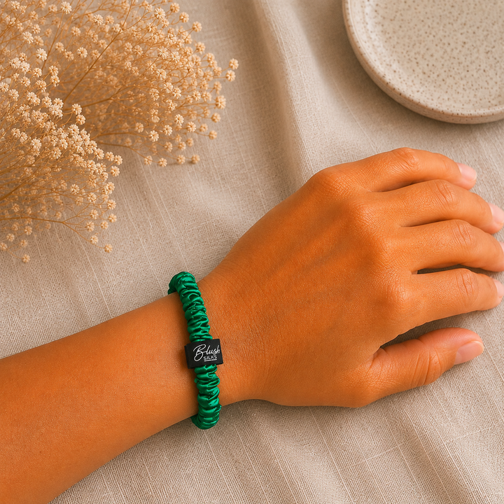 Jade 100% mulberry silk mini scrunchie worn on wrist