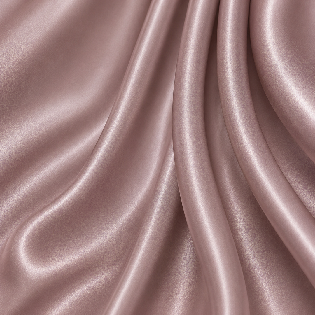 Close-up of Lotus 22 momme mulberry silk charmeuse featuring a soft dusty rose hue, elegant cascading folds, a fine woven texture, and a delicate natural sheen.