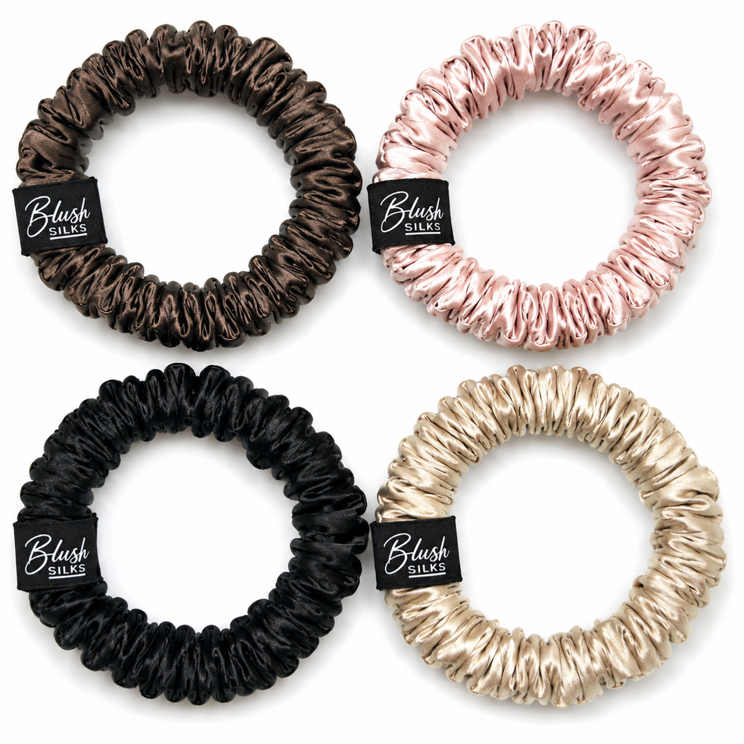 Micro Mini Mulberry Silk Scrunchie 4‑Piece Set in Chocolate, Onyx, Blush, and Champagne – Blush Silks