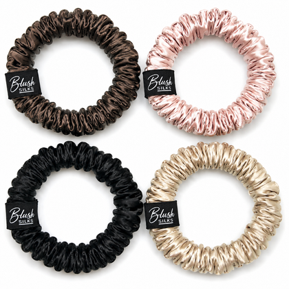 Micro mulberry silk scrunchie 4 piece set in chocolate onyx blush and champagne by Blush Silks