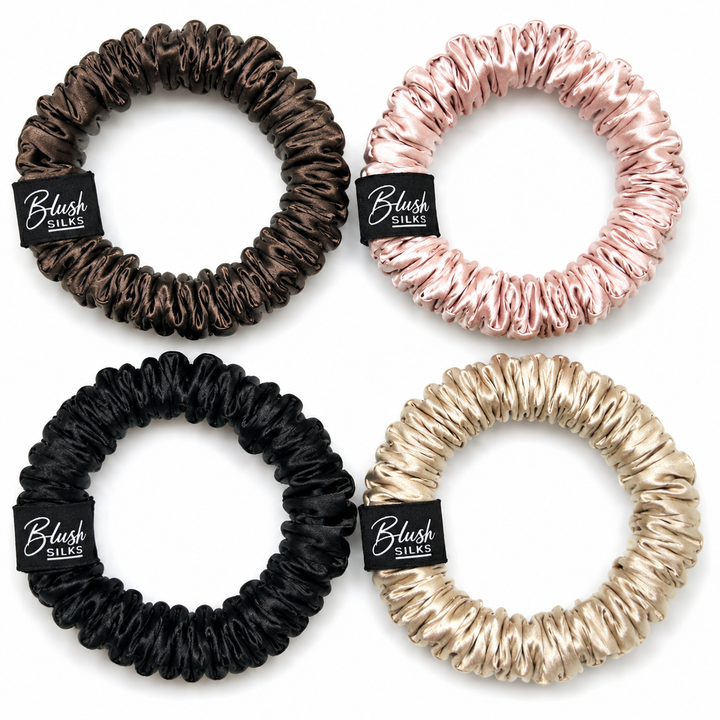 Micro Mini Mulberry Silk Scrunchie 4‑Piece Set in Chocolate, Onyx, Blush, and Champagne – Blush Silks