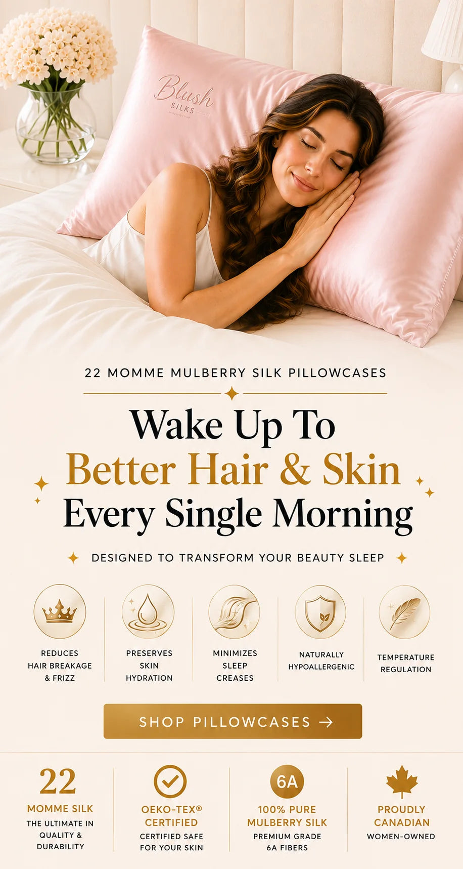 Blush Silks Canada Luxury blush pink mulberry silk pillowcase by Blush Silks with woman sleeping for smoother hair, healthier skin, and premium beauty sleep comfort