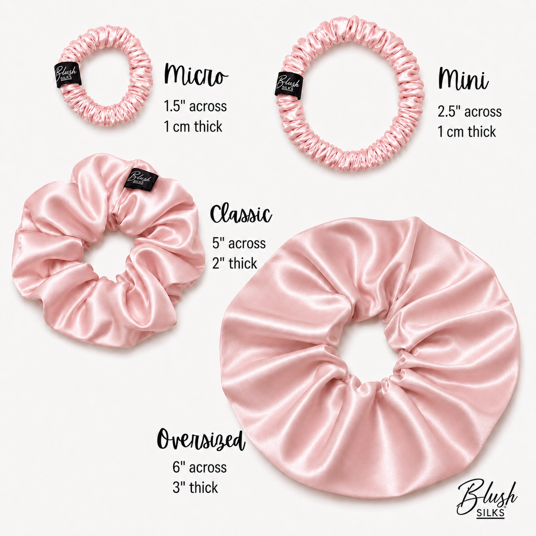 Blush Silks mulberry silk scrunchie size guide: Micro 1.5 inches, Mini 2.5 inches, Classic 5 inches and Oversized 6 inches.