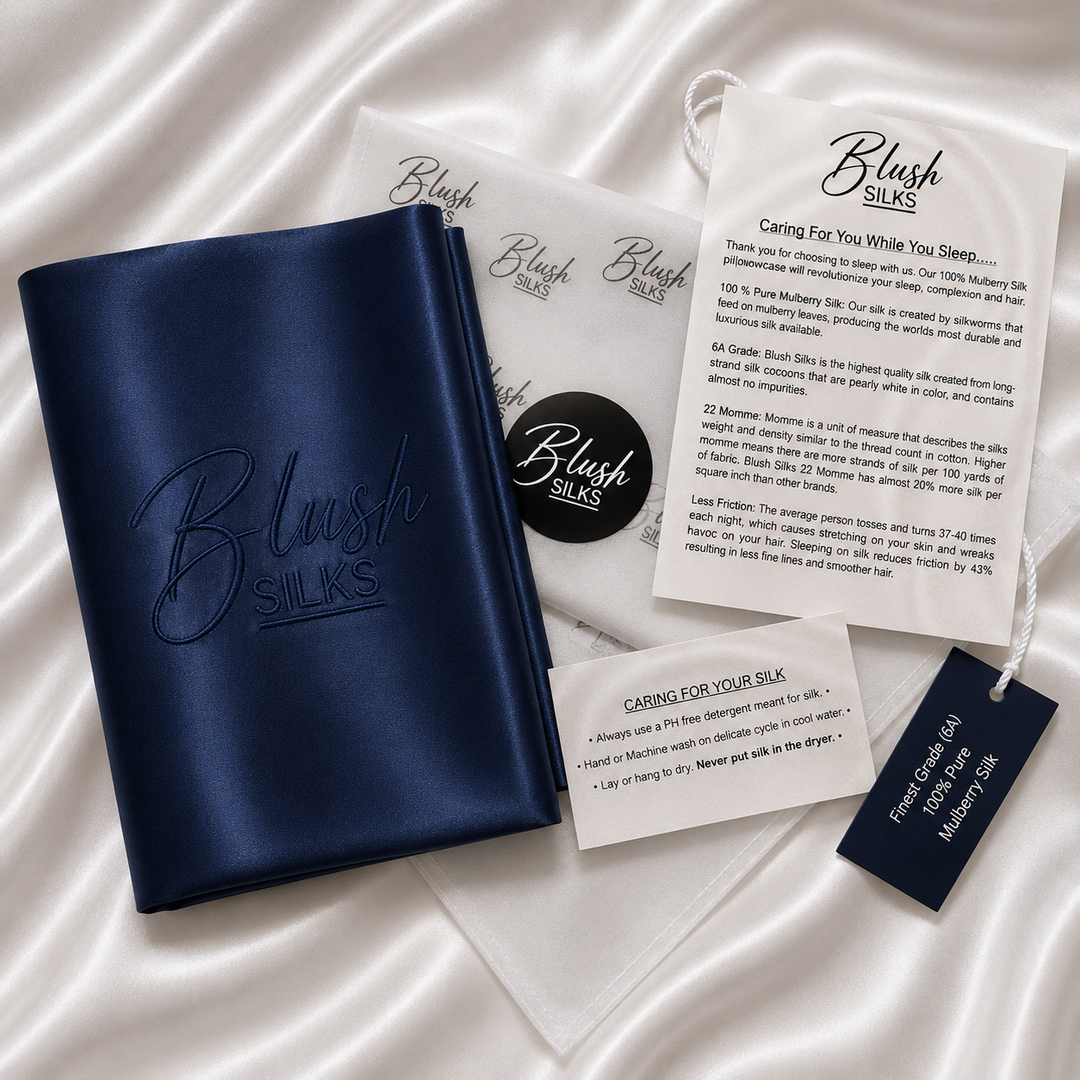 Blush Silks 22 Momme Mulberry Silk Pillowcase in Navy Blue with luxury gift packaging